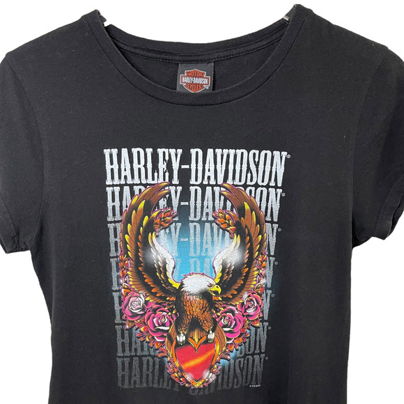 Harley Davidson Y2K Graphic Tee XL Fitted Biker Babe Eagle Heart Black Shirt - Picture 2 of 5